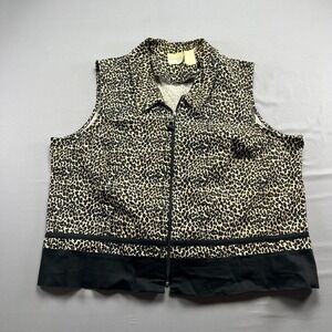 Vintage Halmode Plus Vest Womens 2XL Black Beige Leopard Print Full Zip Outdoor